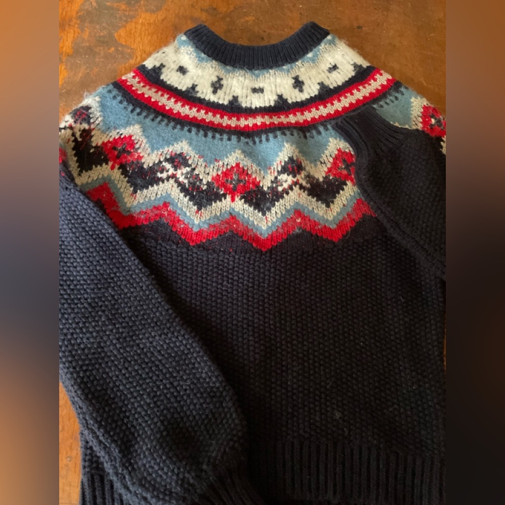 J. Crew Navy Blue Fair Isle Yoke Sweater with Red, Light Blue, White